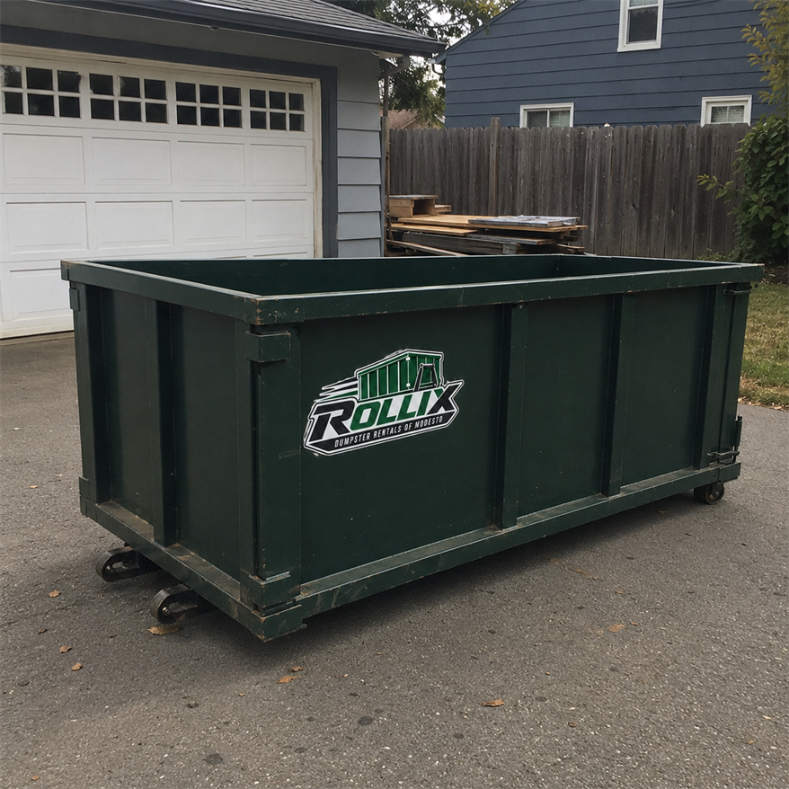 Green Rollix roll-off dumpster placed on a driveway